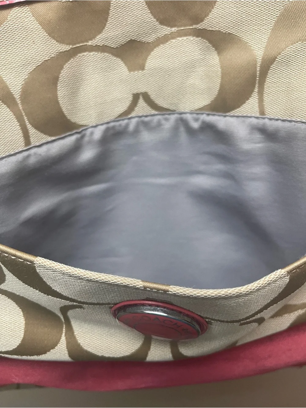Coach Beige Signature Canvas Tote with Pink Leather Trim